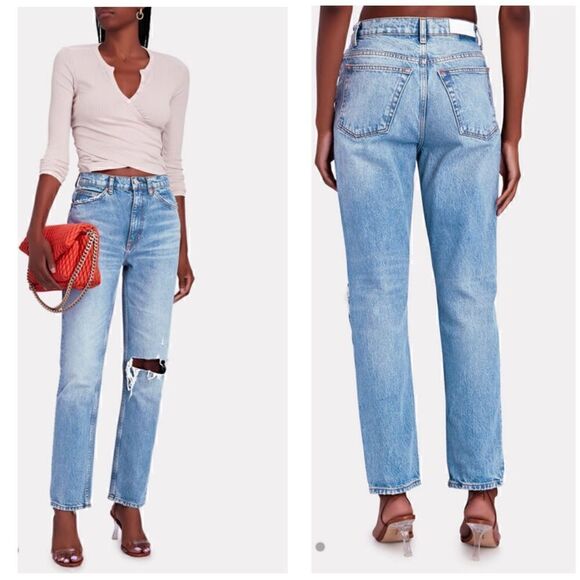 Re/Done Denim - RE/DONE Worn Medium RAF 70s High-Rise Distressed Straight-Leg Jeans Size 29